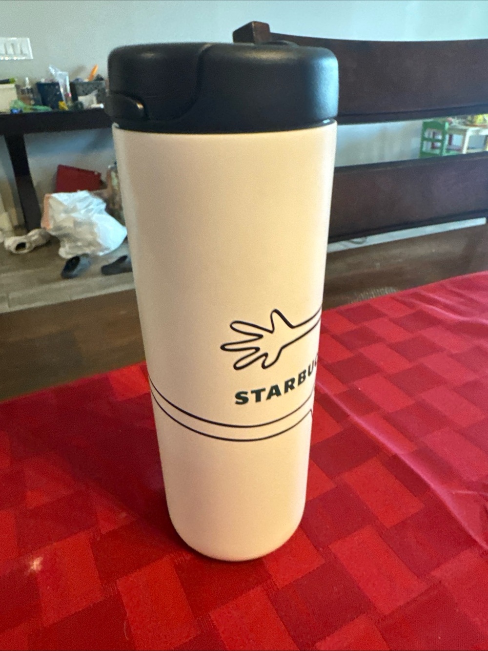 Starbucks Cream Travel Tumbler with Black Lid and Minimal Logo